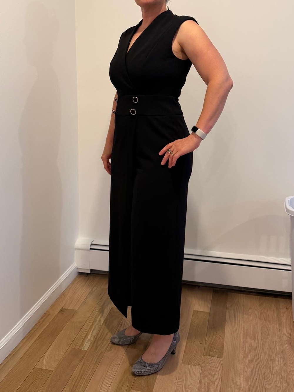 Calvin Klein Black Wide Leg Overlay Jumpsuit Size 8 Elegant Sleeveless